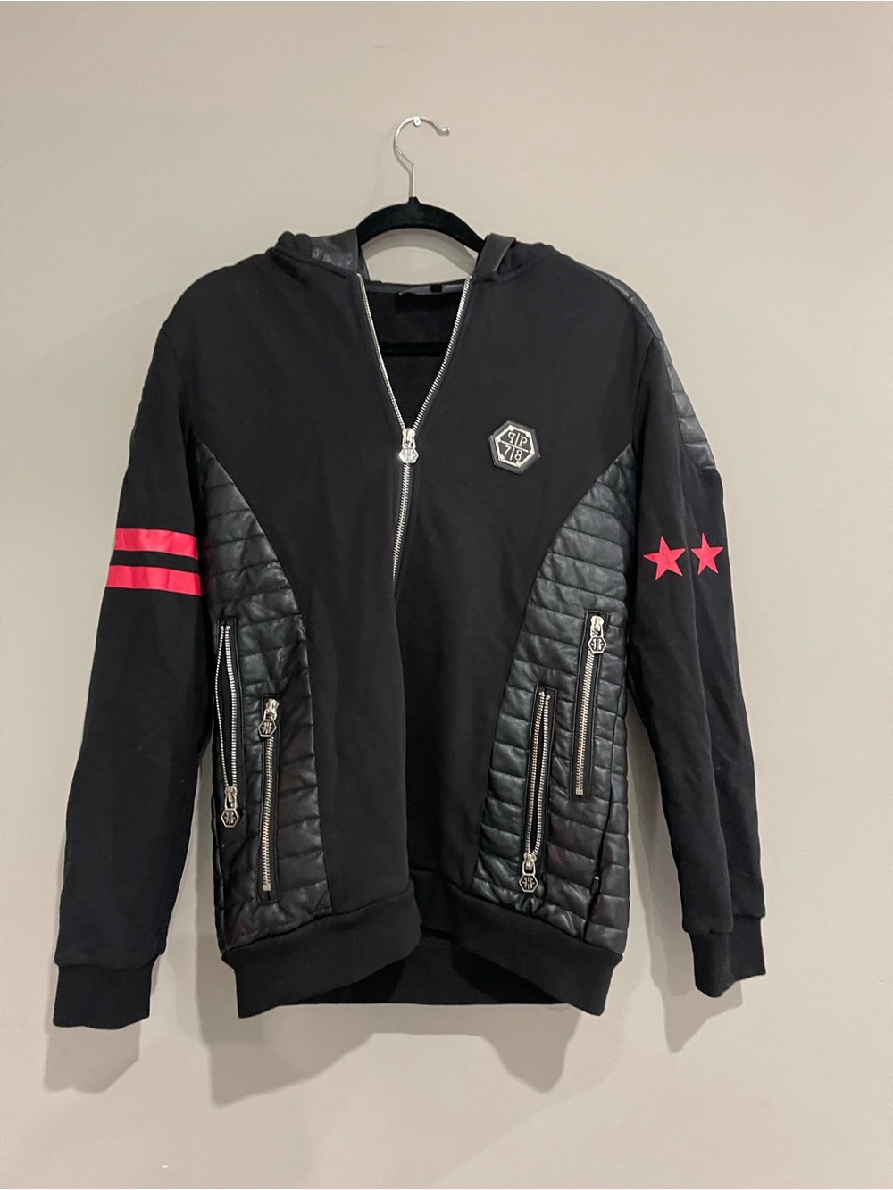 Philipp PleinLeather Stitching Skull Flag Star Zip Up Hoodie